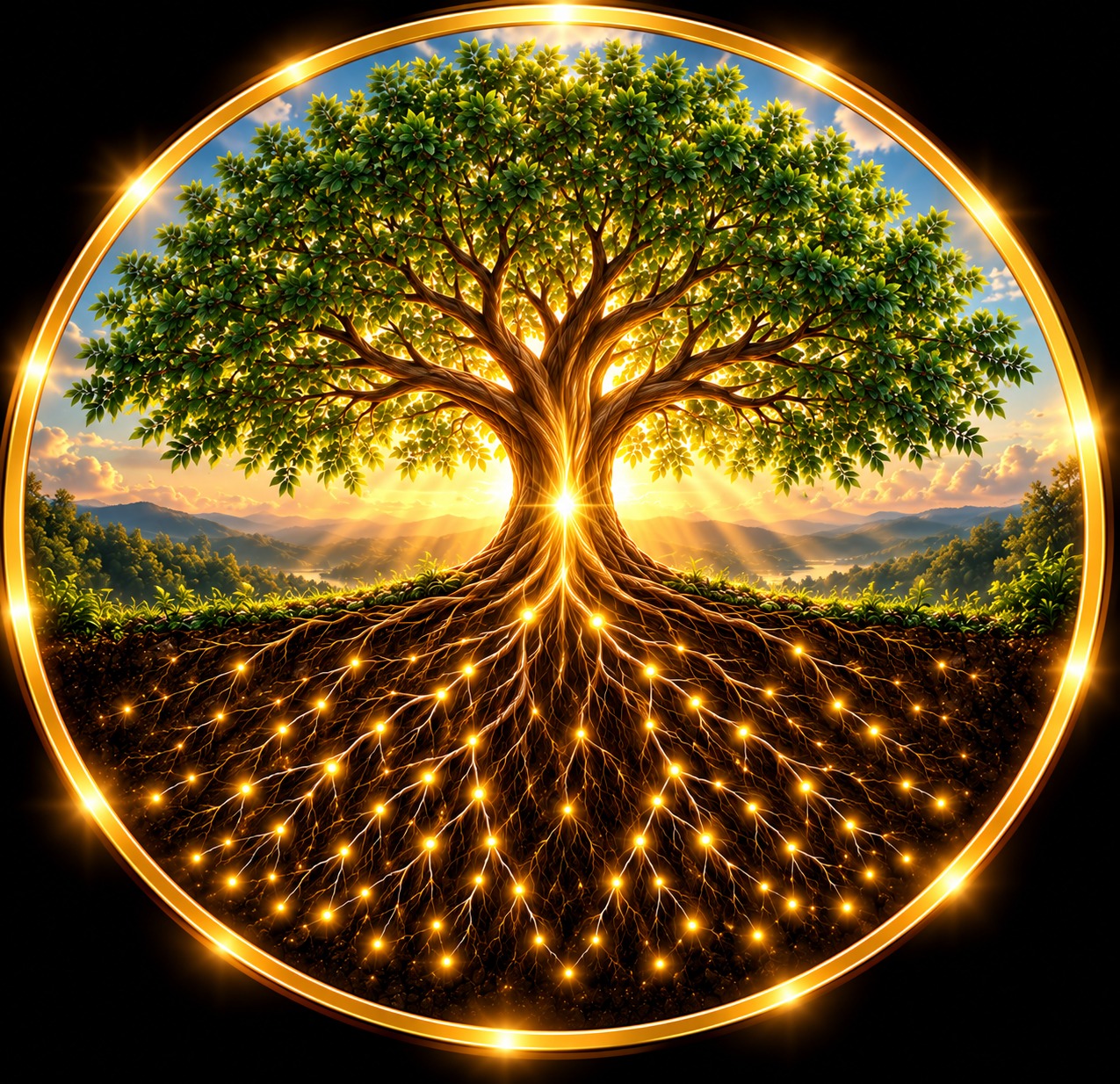 Glowing gold tree with circular frame and illuminated roots
